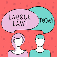 Word writing text Labour Law. Business photo showcasing rules relating to rights and responsibilities of workers Blank Faces of Male and Female with Colorful Blank Speech Bubble Overlaying