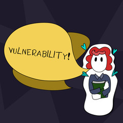 Handwriting text writing Vulnerability. Conceptual photo Information susceptibility systems bug exploitation attacker Girl Holding Book with Small Hearts Around her and Two Color Speech Bubble