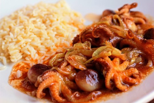 Pulpitos de calamares guisados con arroz