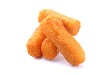 Tasty mozzarella sticks on white background