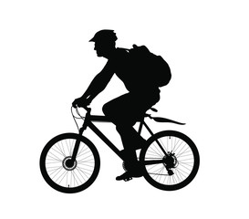 Male bicyclist riding a bicycle vector silhouette isolated on white background. Sportsman in race illustration. Biker Giro tour competition. Man riding bicycle with backpack and helmet. Boy on bike. 