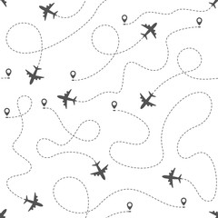 Airplane routes with dotted line, seamless pattern on white background