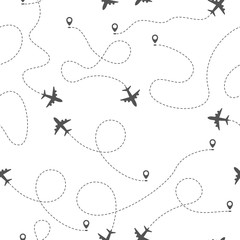 Airplane routes with dotted line, seamless pattern on white background