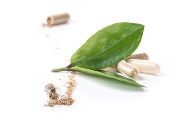 Herd medical pills and capsule with green leaves isolated