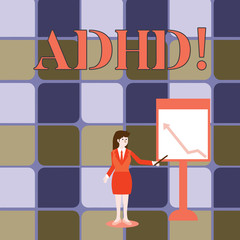 Handwriting text writing Adhd. Conceptual photo Learning made easier for children teaching no more a difficult task Businesswoman Holding Stick Pointing to Chart of Arrow Upward on Whiteboard