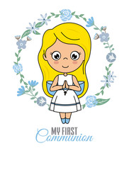 First communion card. Praying girl inside a flower frame