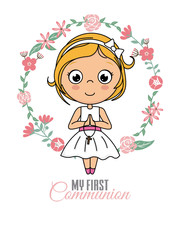 First communion card. Praying girl inside a flower frame