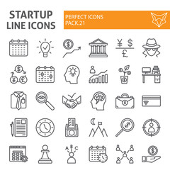 Startup line icon set, finance symbols collection, vector sketches, logo illustrations, development signs linear pictograms package isolated on white background.