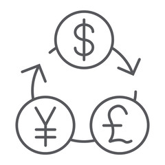 Currency exchange thin line icon, financial and bank, money sign, vector graphics, a linear pattern on a white background.
