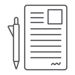 Document and pen thin line icon, office and paper, sign form sign, vector graphics, a linear pattern on a white background.
