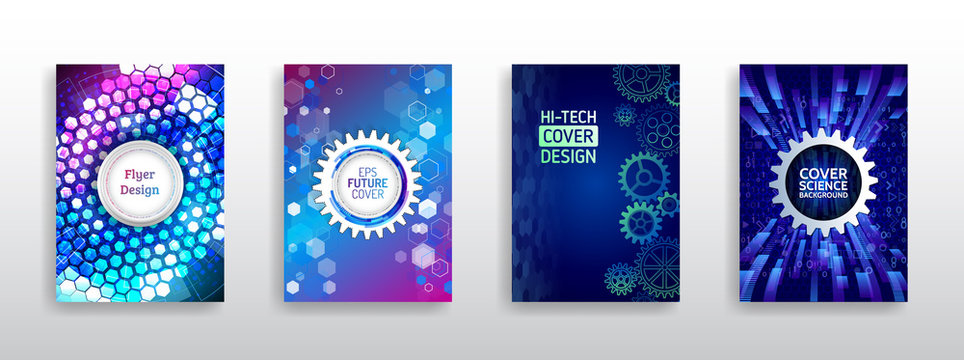 Science and innovation hi-tech background. Flyer design of tech elements. Futuristic business cover layout. Technology modern brochure templates.