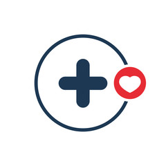 Add icon with heart sign. Add icon and favorite, like, love, care symbol