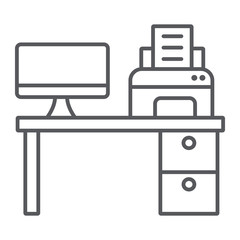 Computer desk thin line icon, office and table, workplace sign, vector graphics, a linear pattern on a white background.