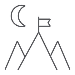 Goal achievement thin line icon, motivation and success, mountain and flag sign, vector graphics, a linear pattern on a white background.