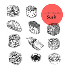 illustration set of asian food. vector sketch with hands drawn traditional japanese food sushi