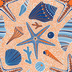 Seamless pattern with seashells and starfish