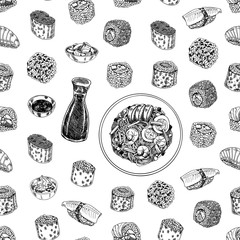 seamless pattern. illustration set of asian food. vector sketch with hands drawn traditional japanese food sushi