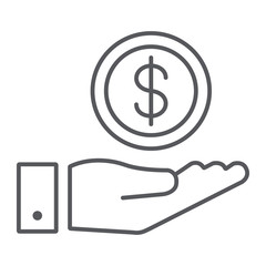 Funding thin line icon, finance and banking, money in hand sign, vector graphics, a linear pattern on a white background.