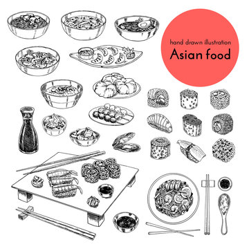 illustration set of asian food. vector sketch with hands drawn traditional japanese food sushi