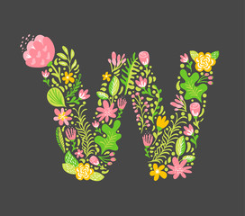 Floral summer Letter W. Flower Capital wedding Uppercase Alphabet. Colorful font with flowers and leaves. Vector illustration Grotesque scandinavian style
