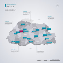 Bhutan vector map with infographic elements, pointer marks.