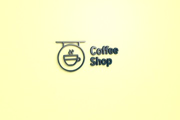 Illustration of Coffee Shop with blue text on yellow background