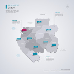 Gabon vector map with infographic elements, pointer marks.