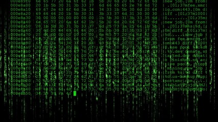 Matrix style background effect with a crypto miner hex dump overlay - Green. - Powered by Adobe