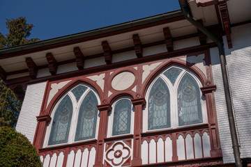 Half-timbered facade with arched windows