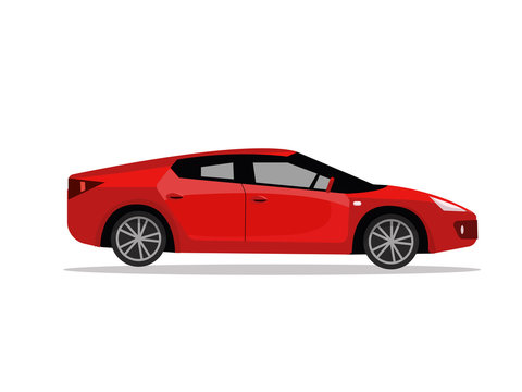 Side view of red sport car. Modern detailed car. Red sedan vehicle. Modern automobile, people transportation. Vector flat cartoon illustration isolated on white background