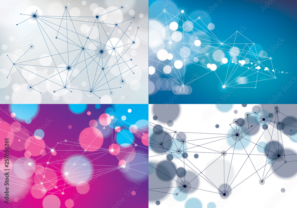 Aufkleber connected lines with dots geometric science and technology abstract backgrounds set. with blurred de