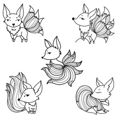 cute fox doodle in black line vector on white background