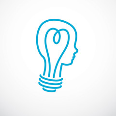 Creative brain concept, intelligent person vector logo. Light bulb in a shape of child head profile. Bright mind, thinking and brainstorming idea icon.