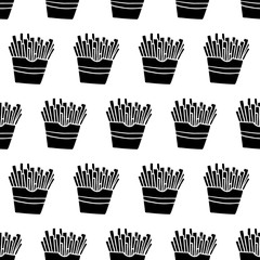 Cute cartoon french fries pattern with hand drawn french fries. Sweet vector black and white french fries pattern. Seamless monochrome doodle french fries pattern for textile, wallpapers and web.