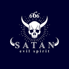 Vector black frightening dead head logotype. Mystic infernal mascot, horned Satan made with 666 numbers.
