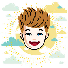 Boy face, vector human head illustration, portrait. Red-haired teenager expressing positive emotions.