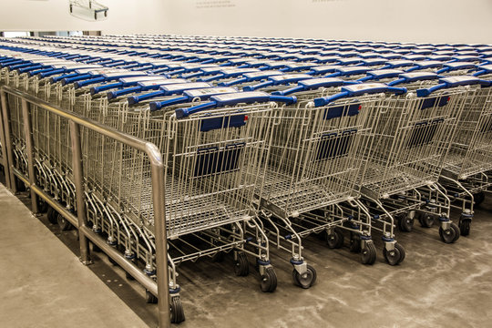  Many empty shopping carts in a row.