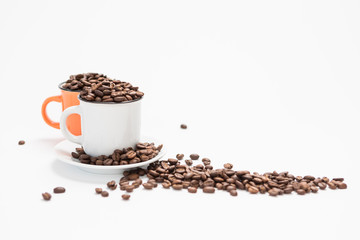 Coffee Cups Filled with Coffee Beans on a White Background Concept with Copy Space