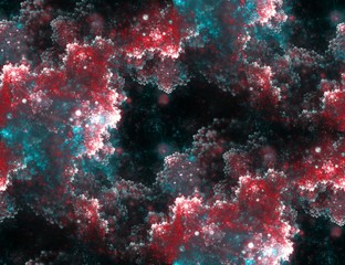 Fototapeta na wymiar Seamless fractal clouds hole with lens flare on black background.