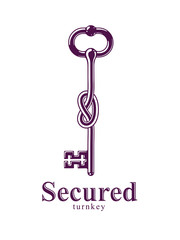Fototapeta premium Knotted key allegorical symbol of keep secret, vintage antique turnkey in a knot, defense and security concept, password personal data protection, vector logo.