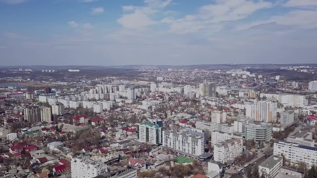Panorama of the city of Kishinev. Aerial view of modern city buildings. 4K drone video.