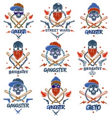 Gangster emblem logo or tattoo with aggressive skull baseball bats and other weapons and design elements, vector set, criminal ghetto vintage style, gangster anarchy or mafia theme.