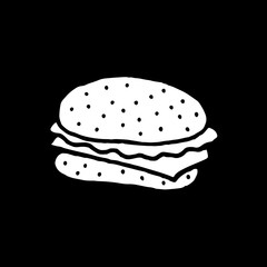 Cute cartoon hand drawn hamburger sign. Sweet vector black and white hamburger sign. Isolated monochrome doodle hamburger sign on black background.