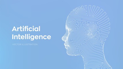 AI. Artificial intelligence concept. Ai digital brain. Abstract digital human face. Human head in robot digital computer interpretation. Robotics concept. Wireframe head concept. Vector illustration.