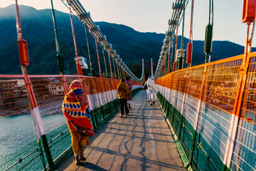 Ram Jhula, a famous historical  bridge entrance in Rishikesh India 