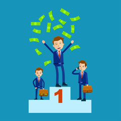 Managers on top places with money rain isolated on blue. Green money falling on manager in first place, other two men standing with brown bags full of money vector illustration in cartoon style.