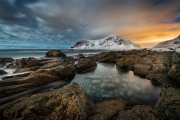 Night landscape of Skagsanden beach, lofotens, Norway