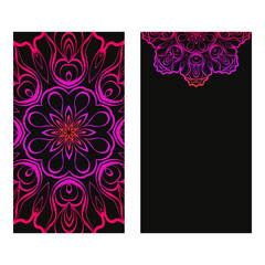 Design Vintage Cards With Floral Mandala Pattern And Ornaments. Vector Illustatration. The Front And Rear Side. Black purple color