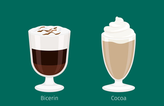 Glass cup with cocoa flat vector. Sweet invigorating drinks with caffeine. Tasty bicerin with cream, hot chocolate and nasty additives illustration for coffee house and cafe menu design