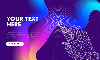 Touch the future hand analytics. Innovations robot systems and technologies in big data. development computers technology automatically process. Full color future style.